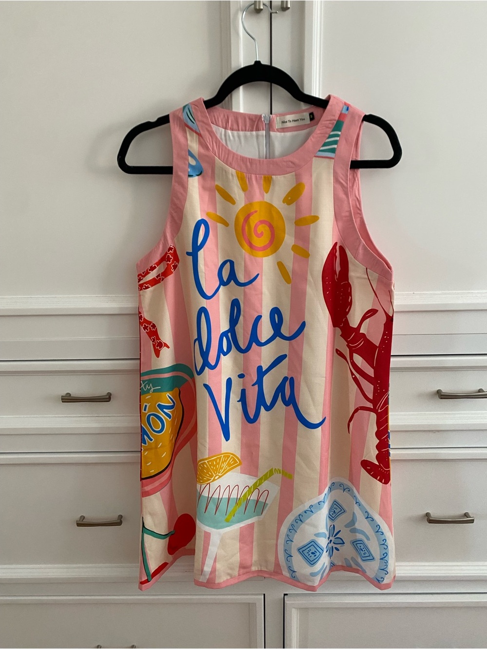 Nice to Meet You size M Pink Striped 'La Dolce Vita' Graphic Tank Dress dou line